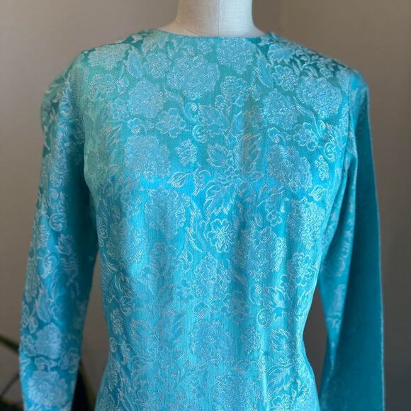 Women’s Large Sheath Dress Aquamarine Metallic Satin Jacquard Turquoise Brocade - Picture 3 of 3